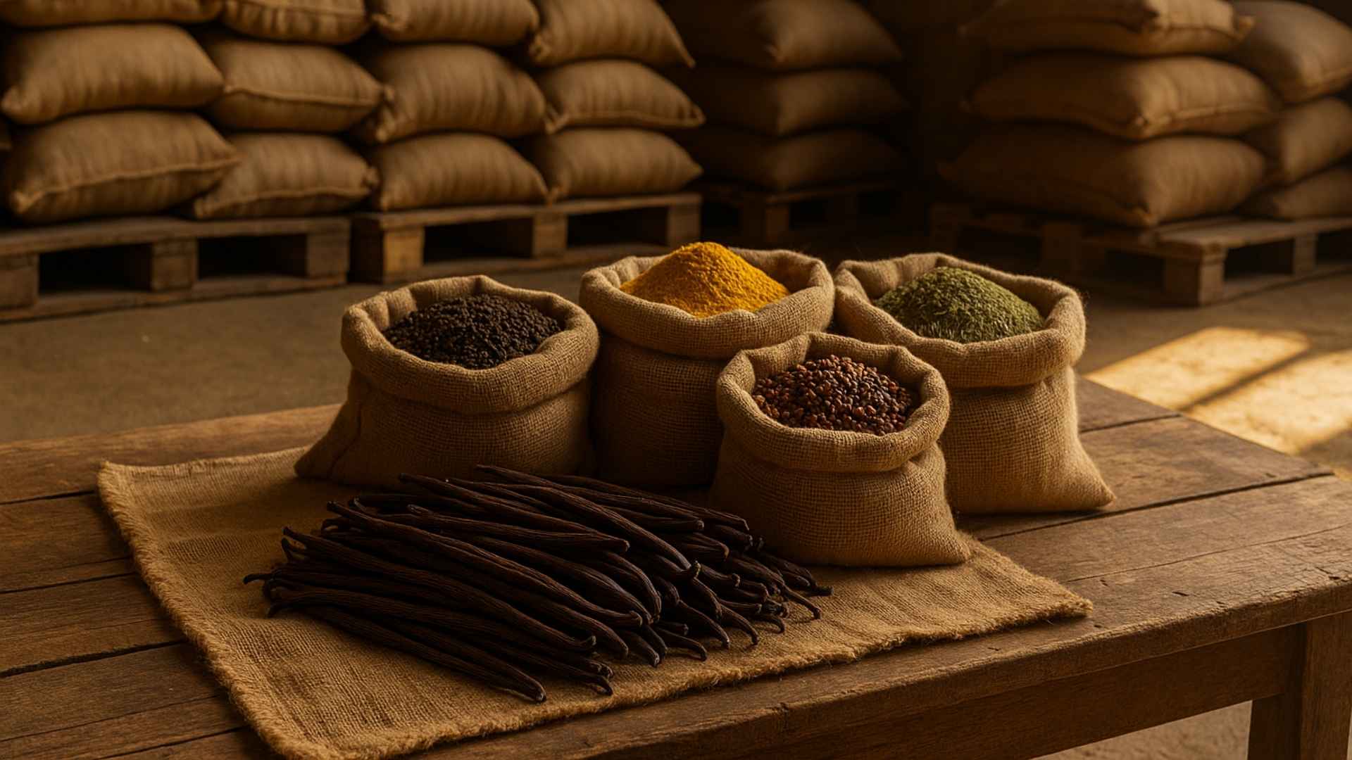 sac d'épices de madagascar en vrac sur une table en bois