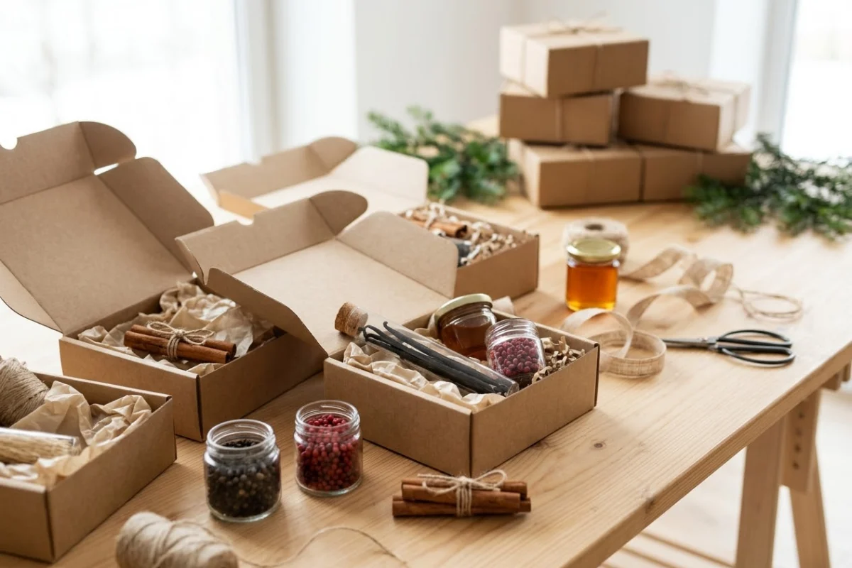 Coffrets cadeaux gourmands avec vanille, poivres, miel et cannelle préparés pour des clients en fin d'année