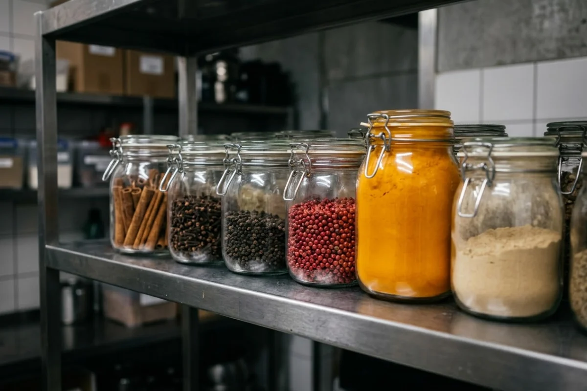 Bocaux hermétiques d'épices entières et en poudre rangés sur une étagère de réserve de cuisine professionnelle