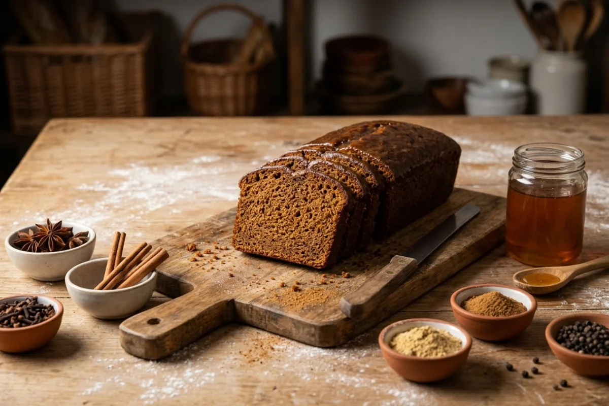 Pain d'épices tranché entouré de cannelle, clous de girofle, gingembre, badiane et miel dans une boulangerie artisanale