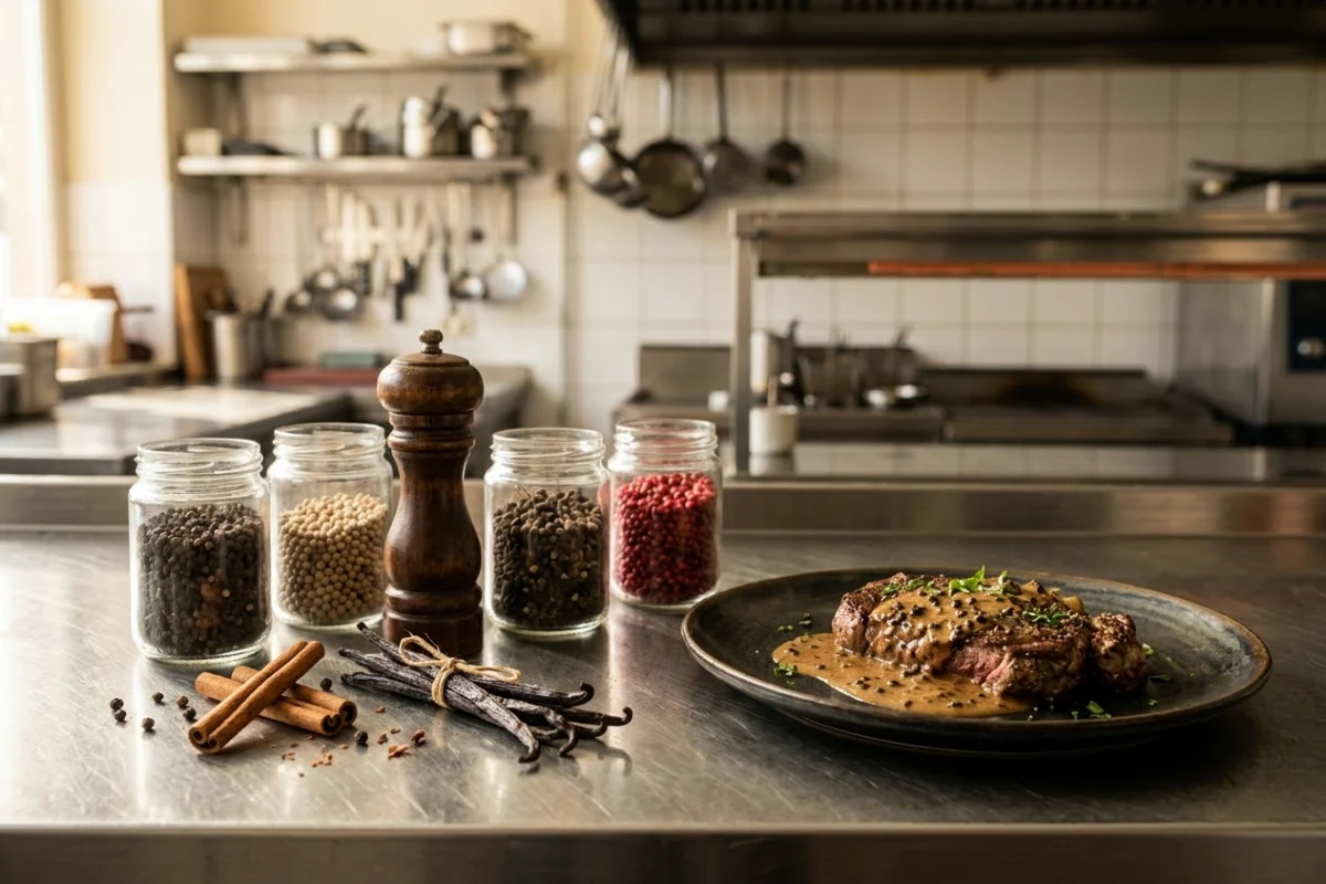 Passe de cuisine de restaurant avec bocaux de poivres de Madagascar, baies roses, cannelle, gousses de vanille et assiette de viande poivrée