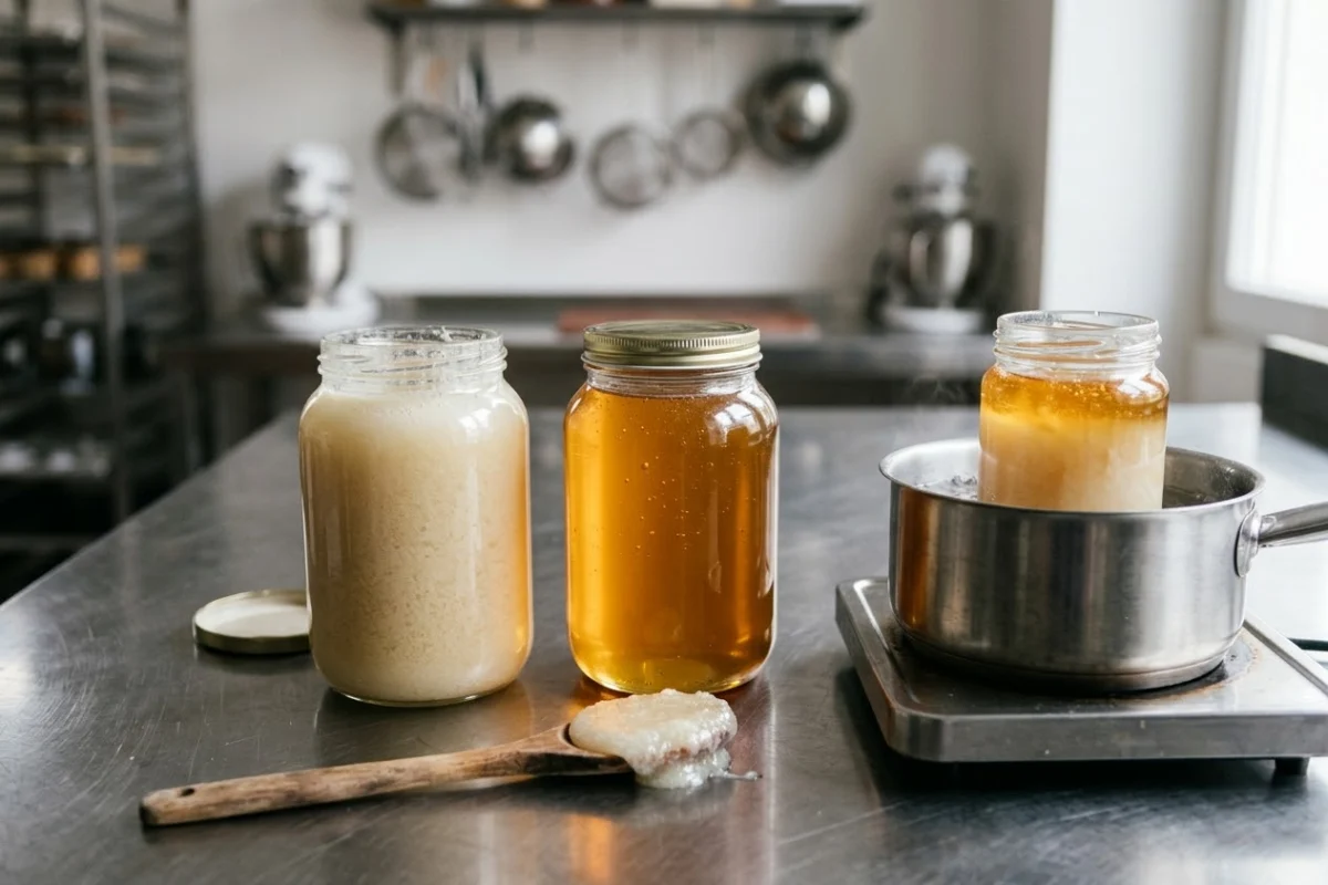 Bocal de miel cristallisé et bocal de miel liquide sur le plan de travail d'un laboratoire de pâtisserie