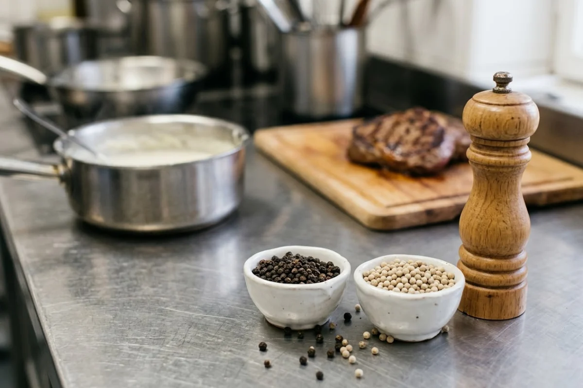 Coupelles de poivre noir et de poivre blanc en grains avec un moulin sur le plan de travail d'une cuisine de restaurant