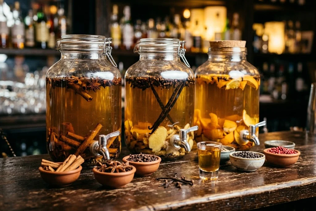 Bocaux de rhum arrangé aux épices avec cannelle, badiane, vanille et gingembre sur le comptoir d'un bar