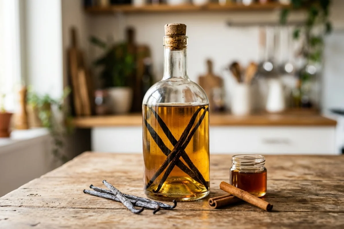 Bouteille de rhum arrangé à la vanille sur une table en bois avec gousses, cannelle et miel