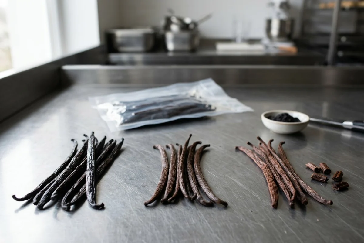 Gousses de vanille de Madagascar de grades gourmet, TK et extraction comparées sur un plan de travail