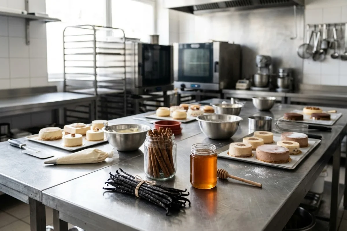 Laboratoire de pâtisserie avec gousses de vanille de Madagascar, bâtons de cannelle et miel ambré sur un plan de travail en inox